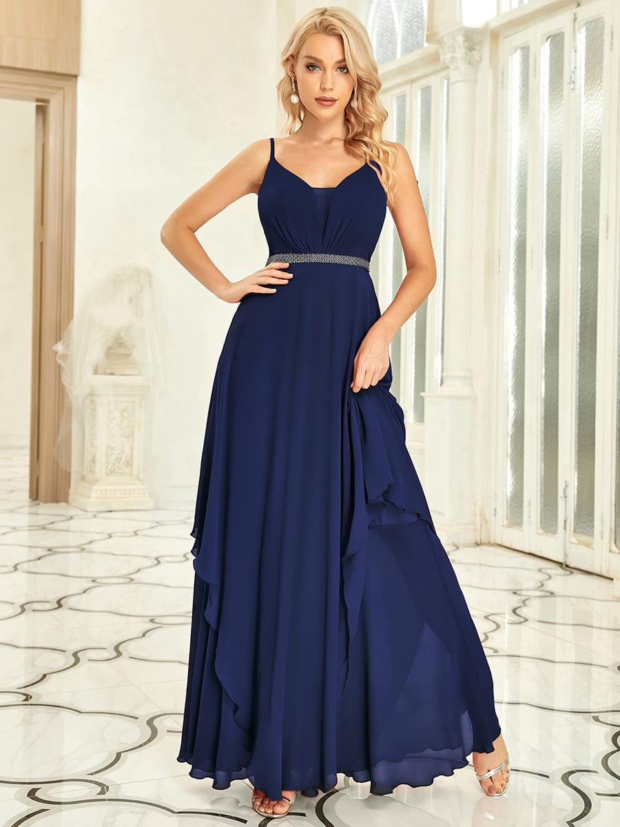 ever CLEMENT|Ruffle Hem and Pearl Waist Detail V-Neck Backless Chiffon Bridesmaid Dress