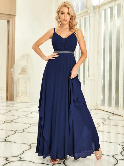ever CLEMENT|Ruffle Hem and Pearl Waist Detail V-Neck Backless Chiffon Bridesmaid Dress