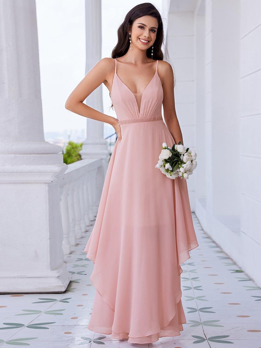 ever CLEMENT|Ruffle Hem and Pearl Waist Detail V-Neck Backless Chiffon Bridesmaid Dress