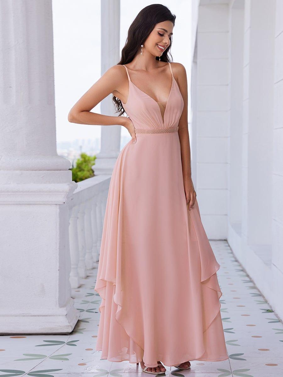 ever CLEMENT|Ruffle Hem and Pearl Waist Detail V-Neck Backless Chiffon Bridesmaid Dress