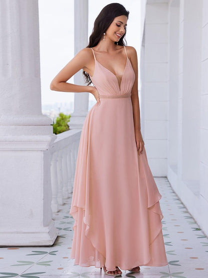 ever CLEMENT|Ruffle Hem and Pearl Waist Detail V-Neck Backless Chiffon Bridesmaid Dress