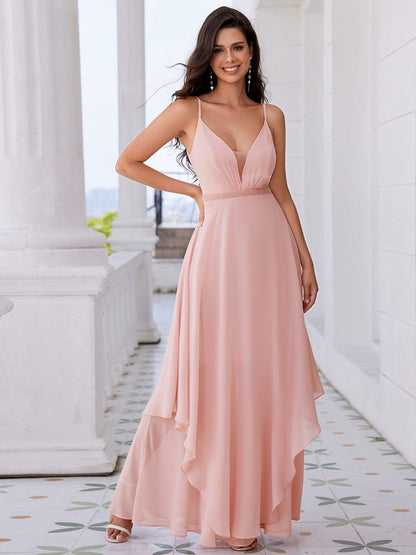 ever CLEMENT|Ruffle Hem and Pearl Waist Detail V-Neck Backless Chiffon Bridesmaid Dress