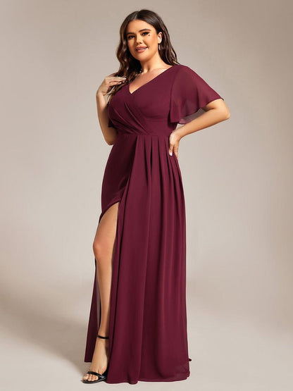 pretty LINDEN|Plus Size High Slit V-Neck Empire Waist Chiffon Bridesmaid Dress