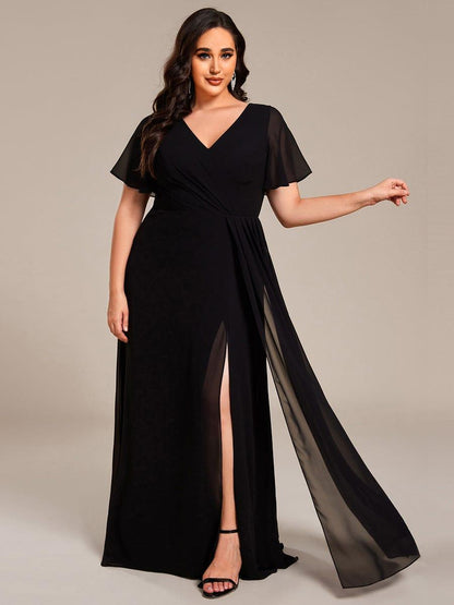 pretty LINDEN|Plus Size High Slit V-Neck Empire Waist Chiffon Bridesmaid Dress