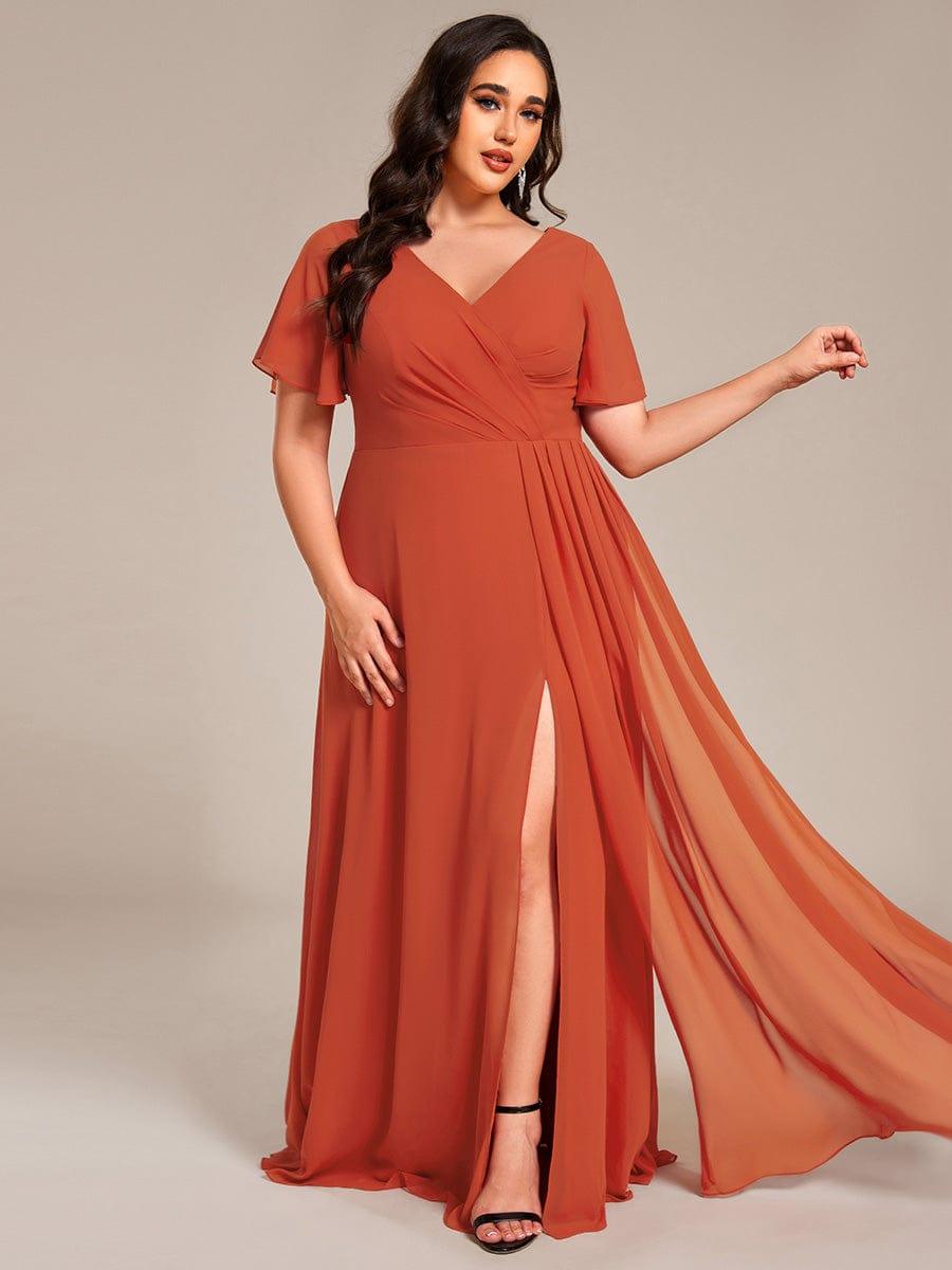 pretty LINDEN|Plus Size High Slit V-Neck Empire Waist Chiffon Bridesmaid Dress