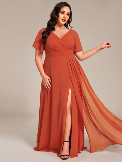 pretty LINDEN|Plus Size High Slit V-Neck Empire Waist Chiffon Bridesmaid Dress