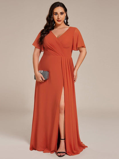 pretty LINDEN|Plus Size High Slit V-Neck Empire Waist Chiffon Bridesmaid Dress