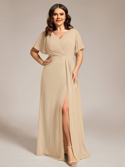 pretty LINDEN|Plus Size High Slit V-Neck Empire Waist Chiffon Bridesmaid Dress
