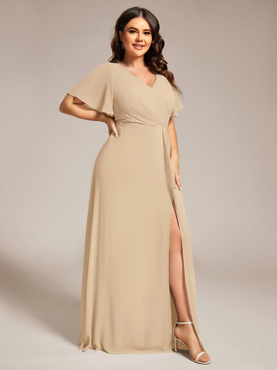 pretty LINDEN|Plus Size High Slit V-Neck Empire Waist Chiffon Bridesmaid Dress