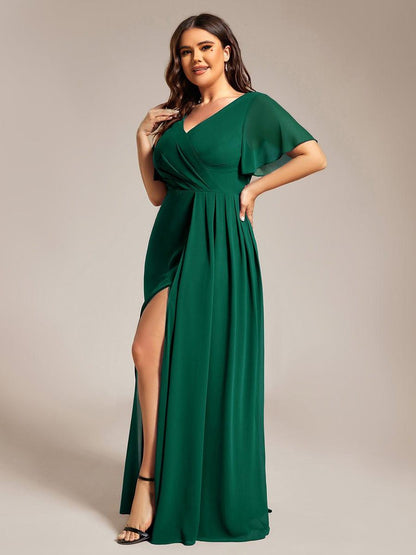 pretty LINDEN|Plus Size High Slit V-Neck Empire Waist Chiffon Bridesmaid Dress
