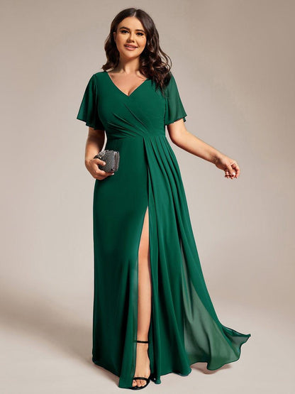 pretty LINDEN|Plus Size High Slit V-Neck Empire Waist Chiffon Bridesmaid Dress