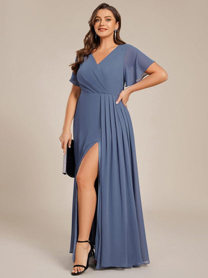 pretty LINDEN|Plus Size High Slit V-Neck Empire Waist Chiffon Bridesmaid Dress