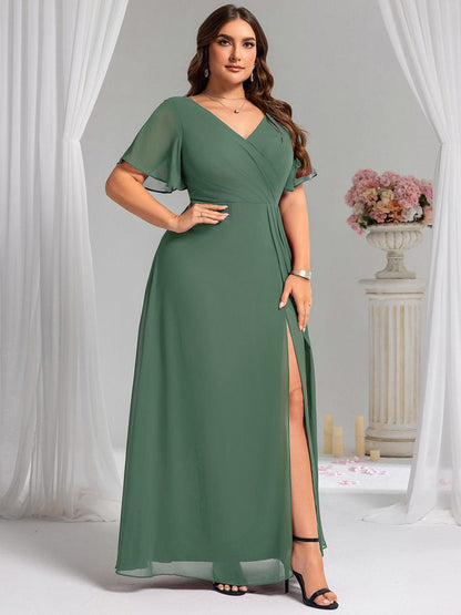 pretty LINDEN|Plus Size High Slit V-Neck Empire Waist Chiffon Bridesmaid Dress