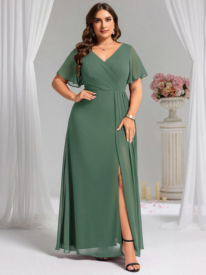 pretty LINDEN|Plus Size High Slit V-Neck Empire Waist Chiffon Bridesmaid Dress