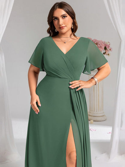 pretty LINDEN|Plus Size High Slit V-Neck Empire Waist Chiffon Bridesmaid Dress