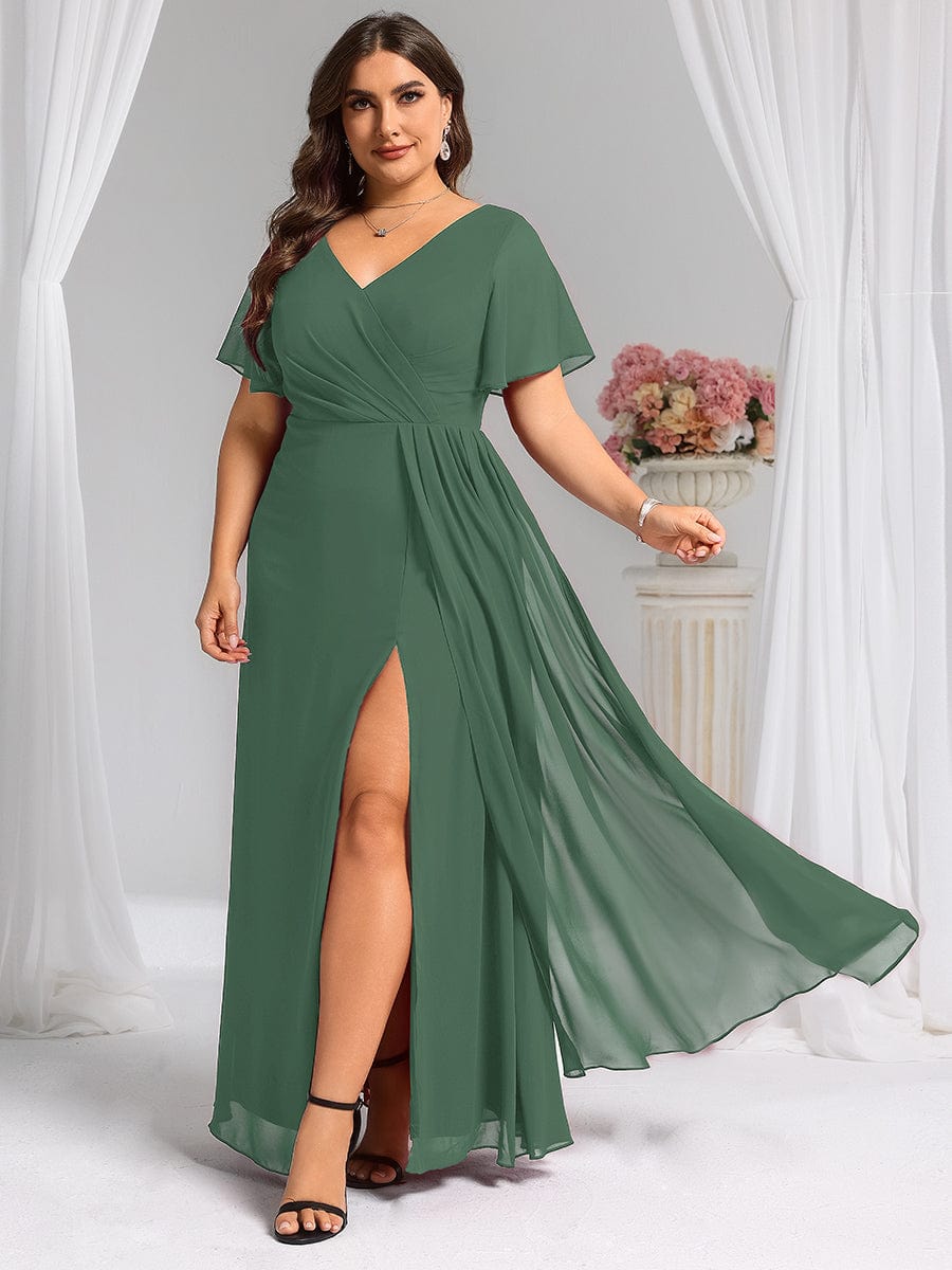 pretty LINDEN|Plus Size High Slit V-Neck Empire Waist Chiffon Bridesmaid Dress