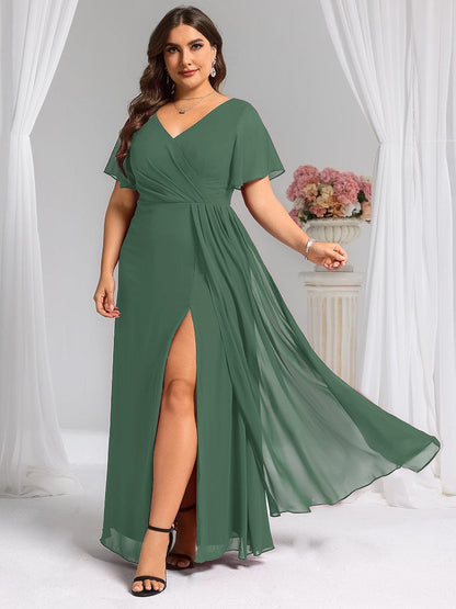 pretty LINDEN|Plus Size High Slit V-Neck Empire Waist Chiffon Bridesmaid Dress