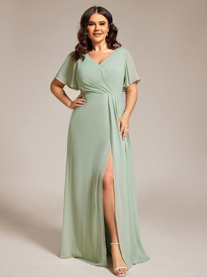 pretty LINDEN|Plus Size High Slit V-Neck Empire Waist Chiffon Bridesmaid Dress