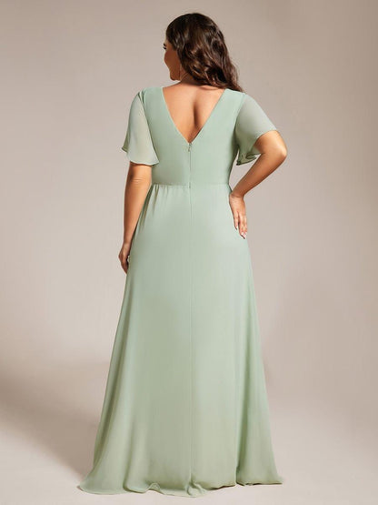 pretty LINDEN|Plus Size High Slit V-Neck Empire Waist Chiffon Bridesmaid Dress