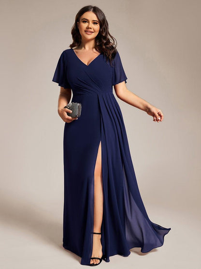 pretty LINDEN|Plus Size High Slit V-Neck Empire Waist Chiffon Bridesmaid Dress