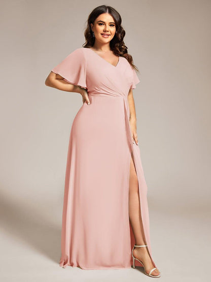 pretty LINDEN|Plus Size High Slit V-Neck Empire Waist Chiffon Bridesmaid Dress