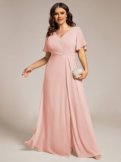 pretty LINDEN|Plus Size High Slit V-Neck Empire Waist Chiffon Bridesmaid Dress