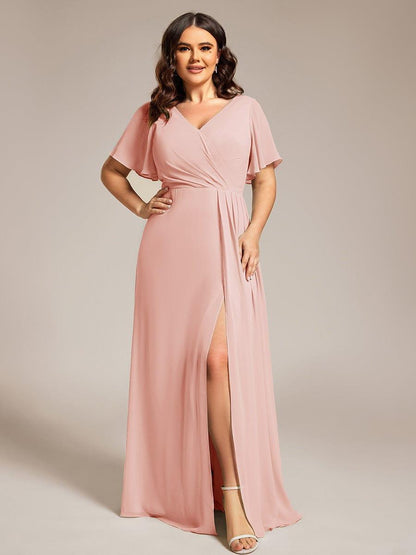 pretty LINDEN|Plus Size High Slit V-Neck Empire Waist Chiffon Bridesmaid Dress