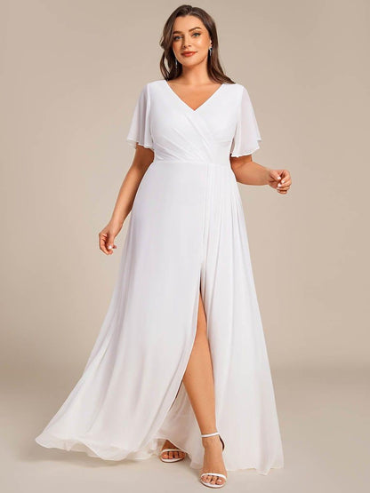 pretty LINDEN|Plus Size High Slit V-Neck Empire Waist Chiffon Bridesmaid Dress