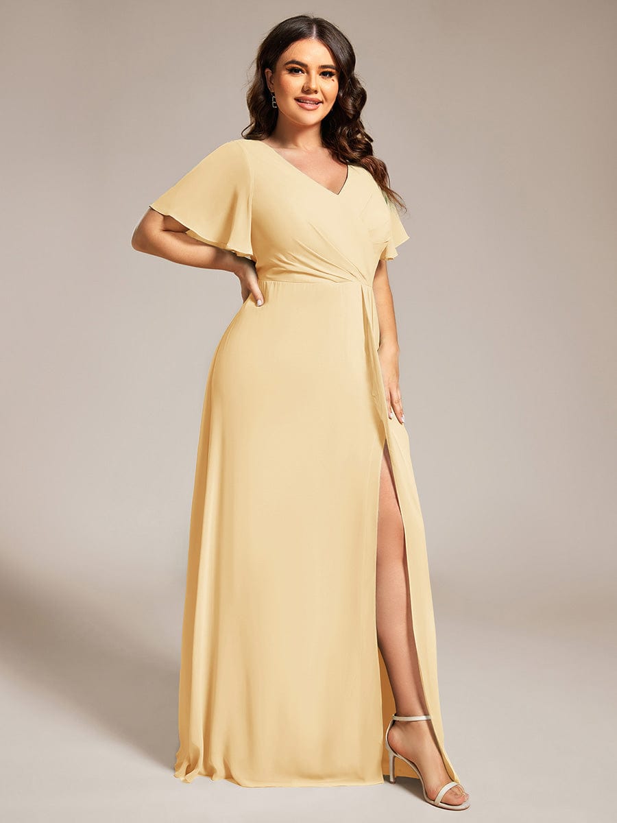 pretty LINDEN|Plus Size High Slit V-Neck Empire Waist Chiffon Bridesmaid Dress
