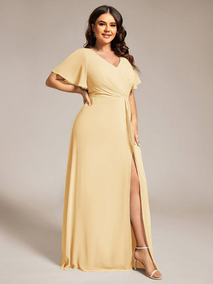 pretty LINDEN|Plus Size High Slit V-Neck Empire Waist Chiffon Bridesmaid Dress