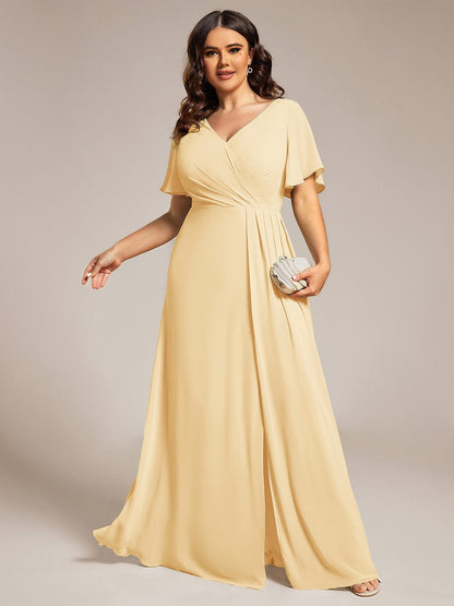 pretty LINDEN|Plus Size High Slit V-Neck Empire Waist Chiffon Bridesmaid Dress