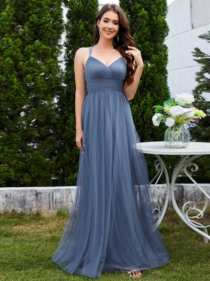 ever JAYCEE|Chic Lace Sheer Back and Cross Straps V-Neck Sleeveless Bridesmaid Dress