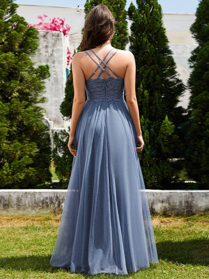 ever JAYCEE|Chic Lace Sheer Back and Cross Straps V-Neck Sleeveless Bridesmaid Dress