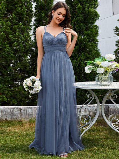 ever JAYCEE|Chic Lace Sheer Back and Cross Straps V-Neck Sleeveless Bridesmaid Dress