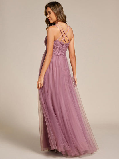 ever JAYCEE|Chic Lace Sheer Back and Cross Straps V-Neck Sleeveless Bridesmaid Dress