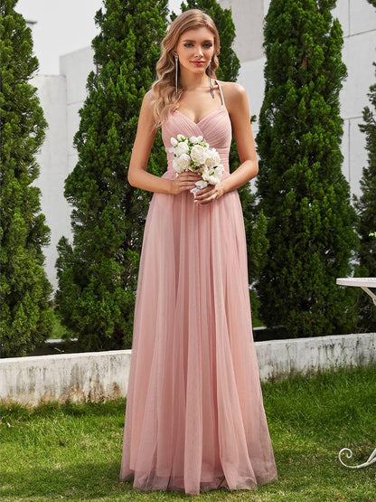 ever JAYCEE|Chic Lace Sheer Back and Cross Straps V-Neck Sleeveless Bridesmaid Dress