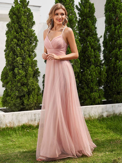 ever JAYCEE|Chic Lace Sheer Back and Cross Straps V-Neck Sleeveless Bridesmaid Dress