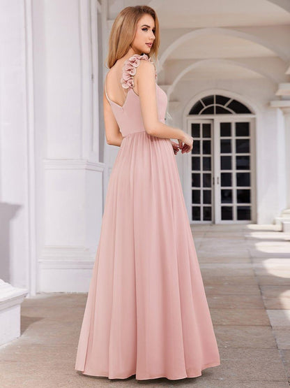 Floral Strap V-Neck Chiffon Bridesmaid Dress with A-Line Silhouette