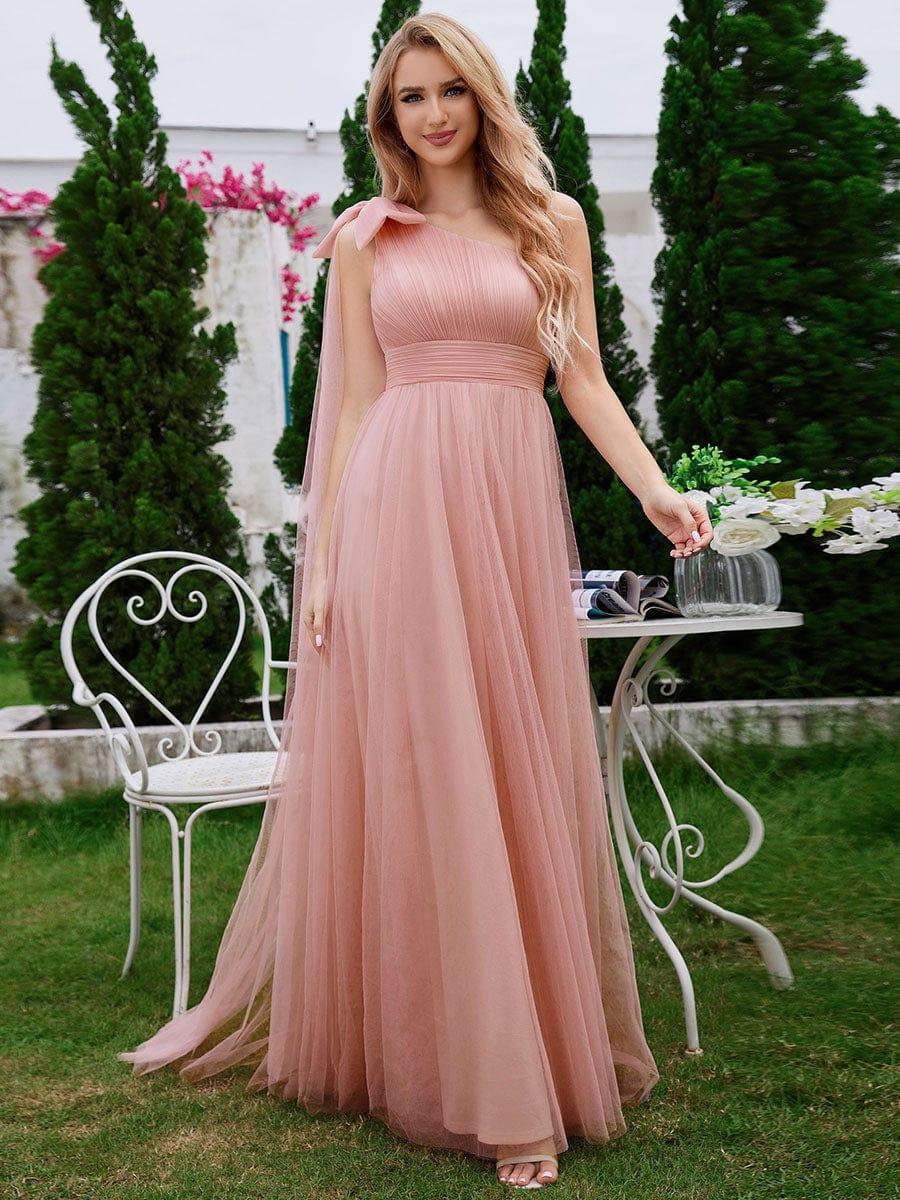 Romantic One Shoulder Bowknot Streamer Tulle A-Line Bridesmaid Dress