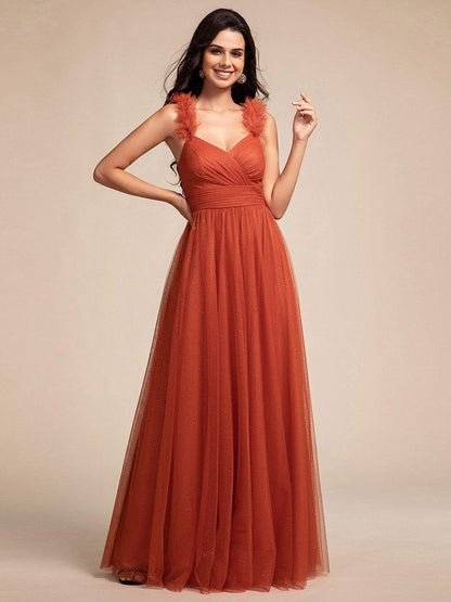 Embellished Shoulders Pleated Tulle Glitter Bridesmaid Dress