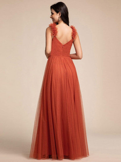 Embellished Shoulders Pleated Tulle Glitter Bridesmaid Dress