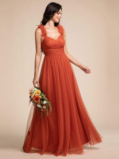Embellished Shoulders Pleated Tulle Glitter Bridesmaid Dress