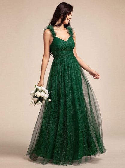 Embellished Shoulders Pleated Tulle Glitter Bridesmaid Dress