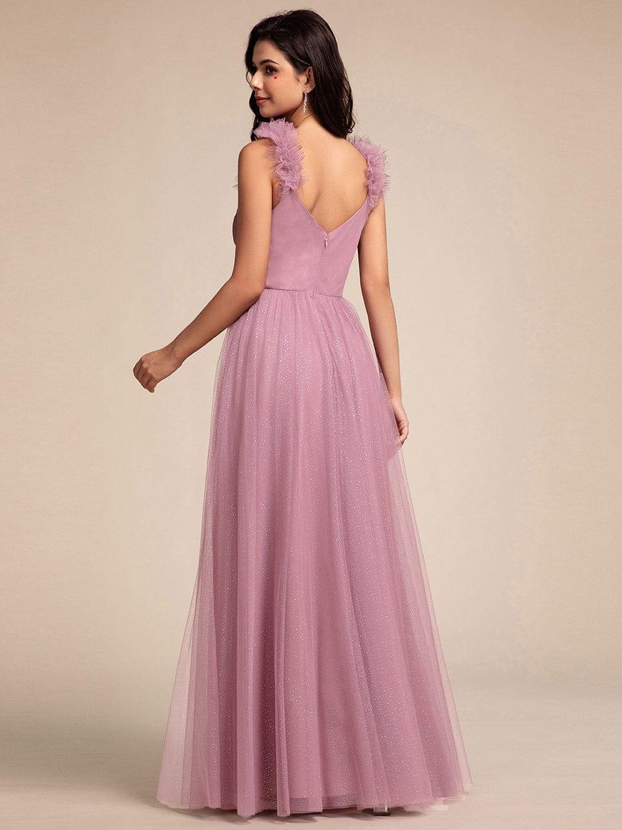 Embellished Shoulders Pleated Tulle Glitter Bridesmaid Dress