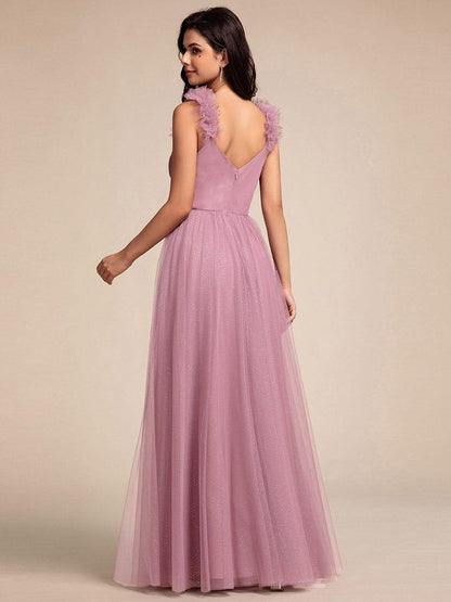 Embellished Shoulders Pleated Tulle Glitter Bridesmaid Dress