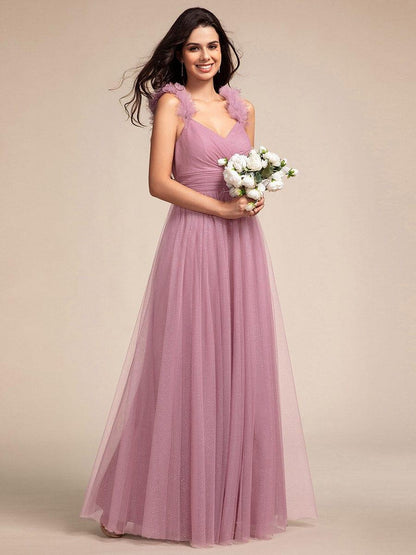 Embellished Shoulders Pleated Tulle Glitter Bridesmaid Dress