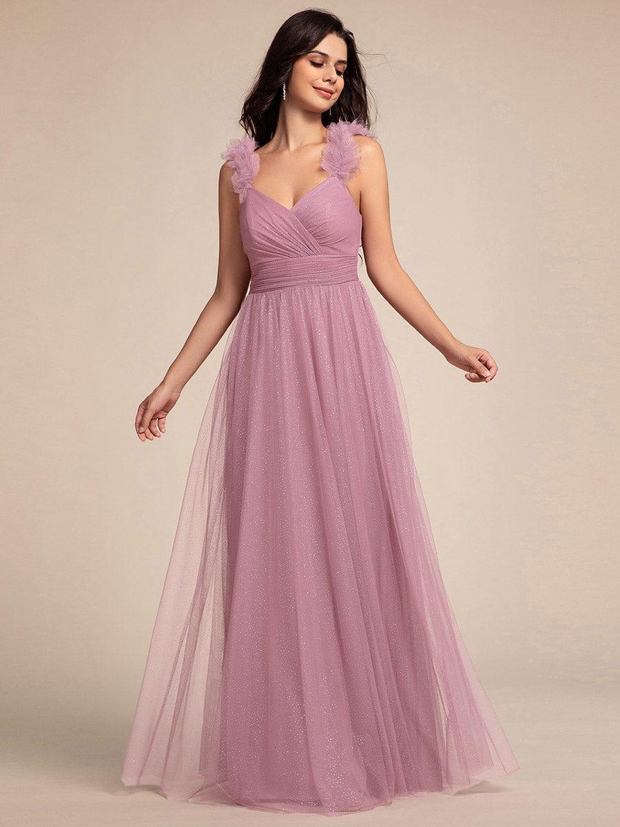 Embellished Shoulders Pleated Tulle Glitter Bridesmaid Dress