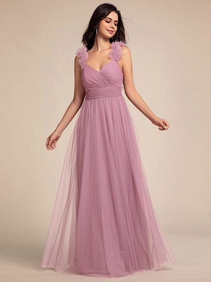 Embellished Shoulders Pleated Tulle Glitter Bridesmaid Dress