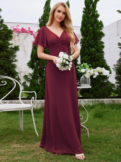 ever ELIOTTE|Ruffled Sleeves and V-Neck Pleated A-Line Chiffon Bridesmaid Dress