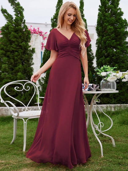 ever ELIOTTE|Ruffled Sleeves and V-Neck Pleated A-Line Chiffon Bridesmaid Dress